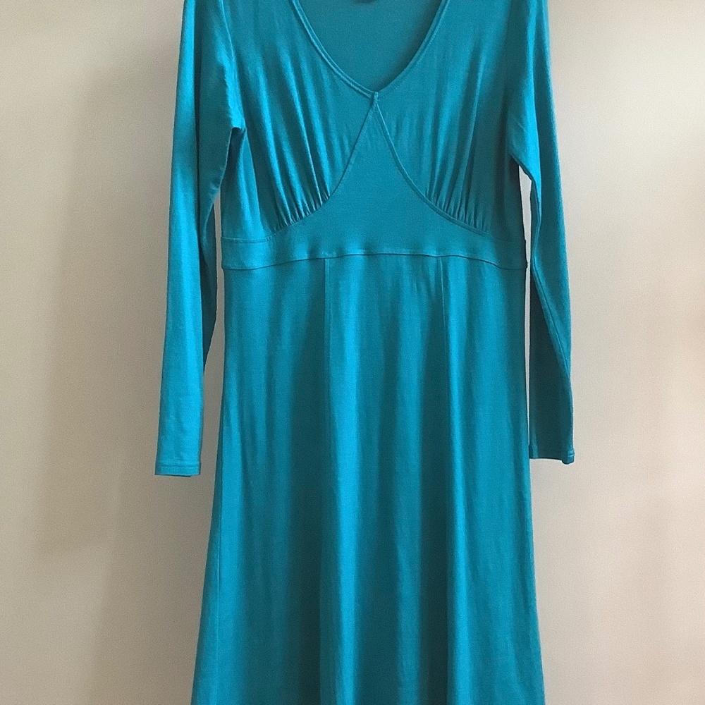 SAHALIE 100% Fine Wool Aqua Teal Blue Long-Sleeved V-Neck Dress Size PM